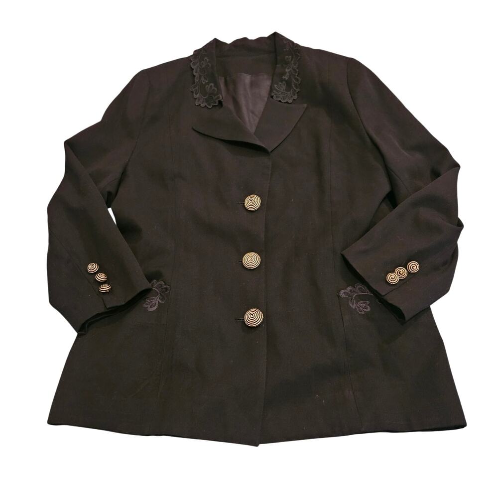 Black Embroidered Blazer Jacket Gold Spiral Buttons Women's Medium (estimated)